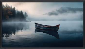 Plakat A lake surrounded by trees and fog at sunset